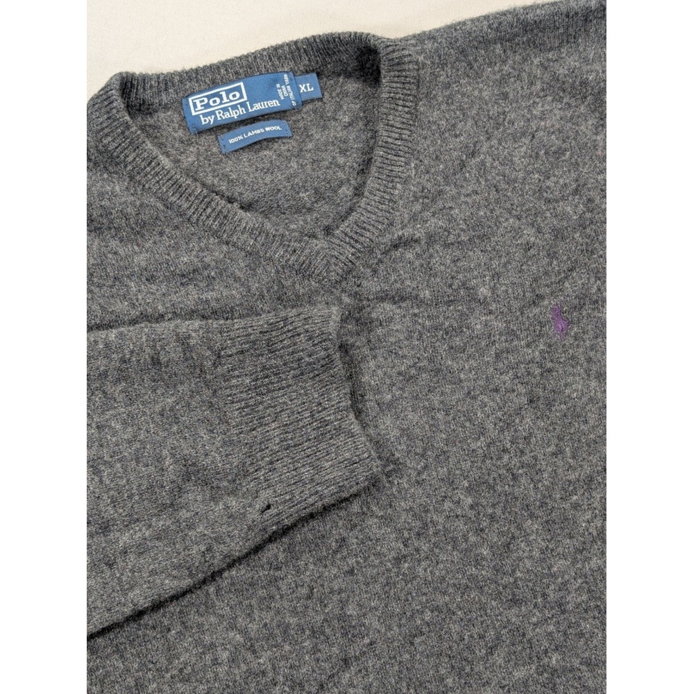 Polo Ralph Lauren Sweater Mens XL Gray 100% Lambswool‎ V-Neck Italian Yarn Pony